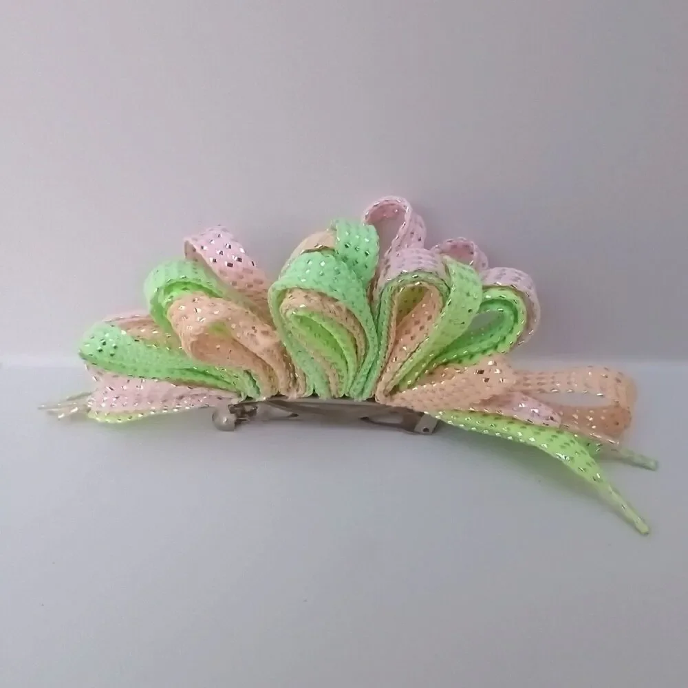 Vintage Shoelace French Hair Barrette-Lot Of 2-Metallic Thread-Purple-Pastel-80s